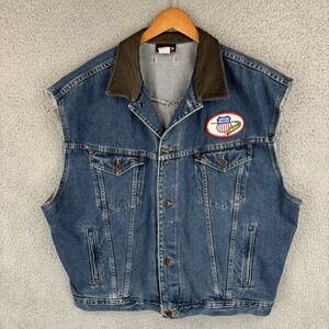 Vintage Mens Denim Trucker Vest 2XL Blue Sleeveless Jacket *Patch*